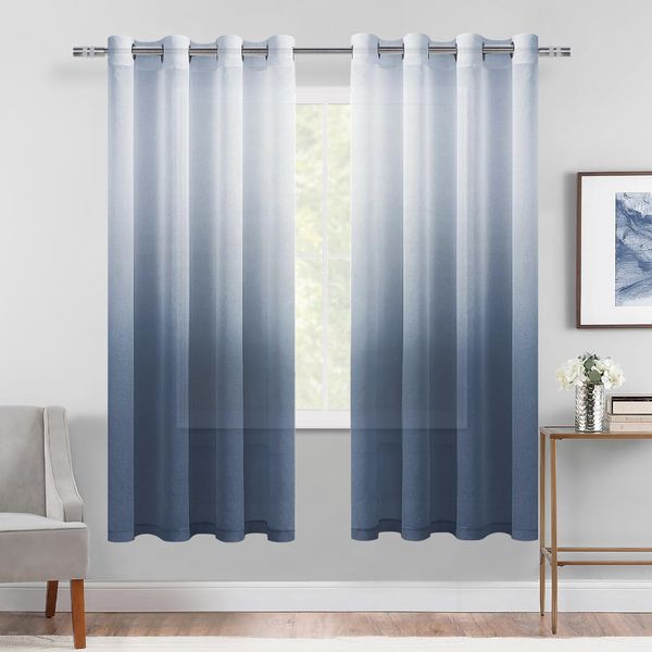 DWCN Faux Linen Ombre Sheer Curtains - Semi Voile Grommet Top Curtains for Bedroom and Living Room, Set of 2 Gradient Window Curtain Panels, 52 x 63 Inch Length, Denim Blue