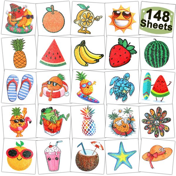 CHARLENT 148 PCS Glitter Summer Fruit Temporary Tattoos for Kids - Watermelon Pineapple Individual Tattoos for Boys Girls Pool Birthday Party Favors Goodie Bag Fillers