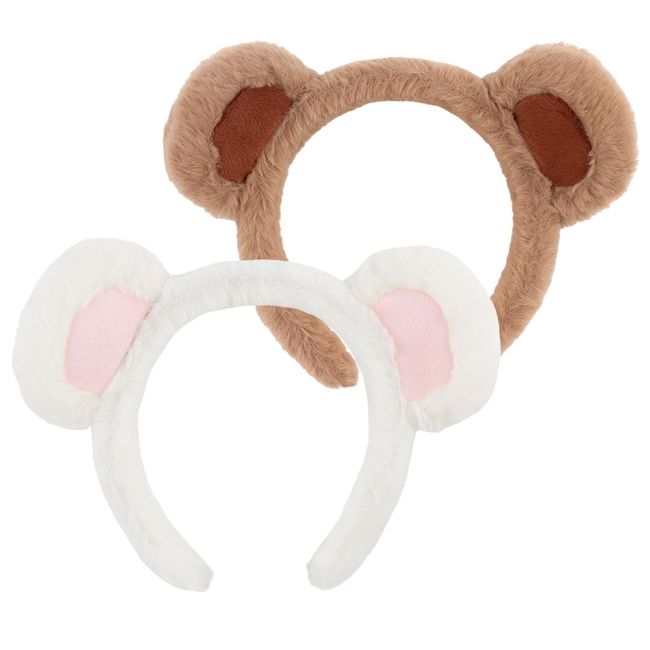 WHAVEL 2 Pcs Bear Ears Headband, Cute Animal Ears Headband Bear Headband Plush Ears Head Band Bear Costume Party Hair Accessories for Adult Women Kids Halloween(White, Brown)