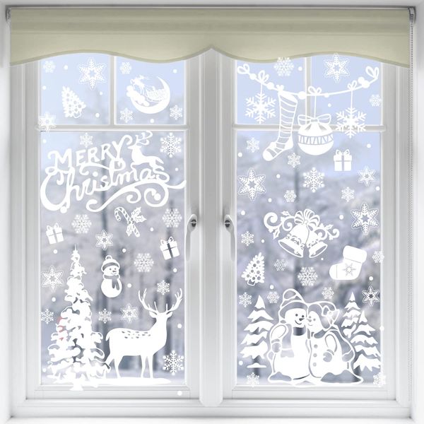 CINECE Christmas Stickers, Decoration, Static Cling Stickers, 142 pcs, Wall Stickers, Glass, Window Decoration, Merry Christmas, Stainless, Removable, Snow (White)