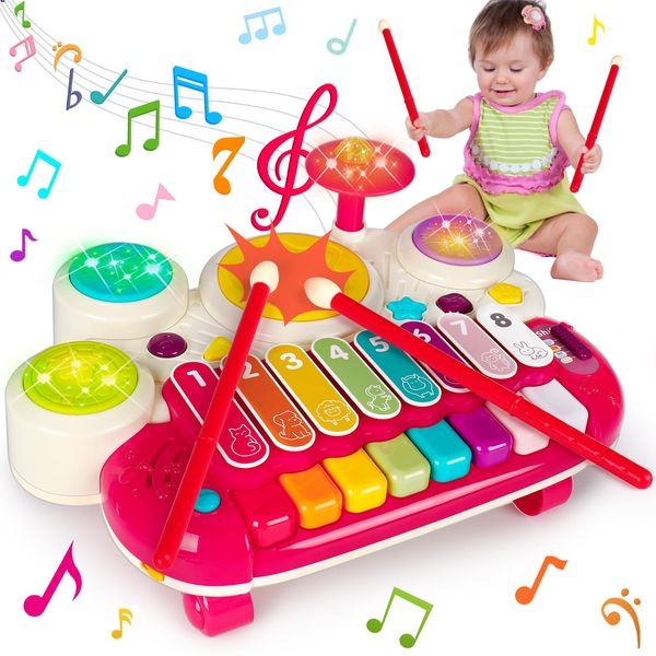 3 in 1 Musical Toys for Toddlers 1-3 Piano Xylophone Drum Set Toys for 1 2 3 Year Old Girls Birthday Music Instruments Baby Learning Developmental Sensory Toys Toddler Toys Age 1-2 2-3