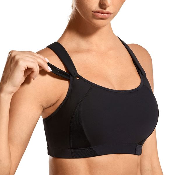 SYROKAN Women's Sports Bra Front Adjustable High Impact Support Padded Wireless Racerback Plus Size Running Bra Black_New 38C