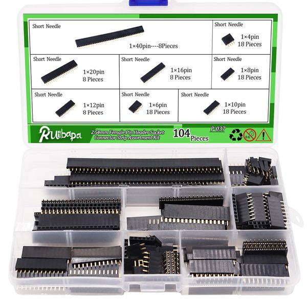 Ruibapa 2.54mm Female Pin Header Socket Connector Strip Assortment Kit Straight Single Row PCB Board Pin Header 4、6、8、10、12、16、20、40Pin P-037