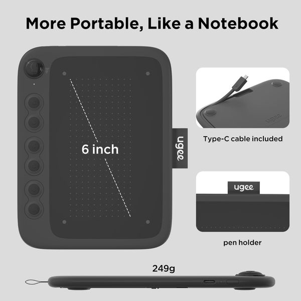 ugee Q6 Graphics Tablet 6 x 4 Inch Portable Drawing Tablet with Integrated Type-C Cable for Digital Drawing Online Lessons