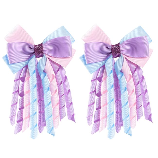 SUPCLIPS 3 Inch Hair Bow Clips Purple Curly Grosgrain Ribbon Hair Clips Handmade Kids Girls Cheer Hair Accessories for School Prom Party