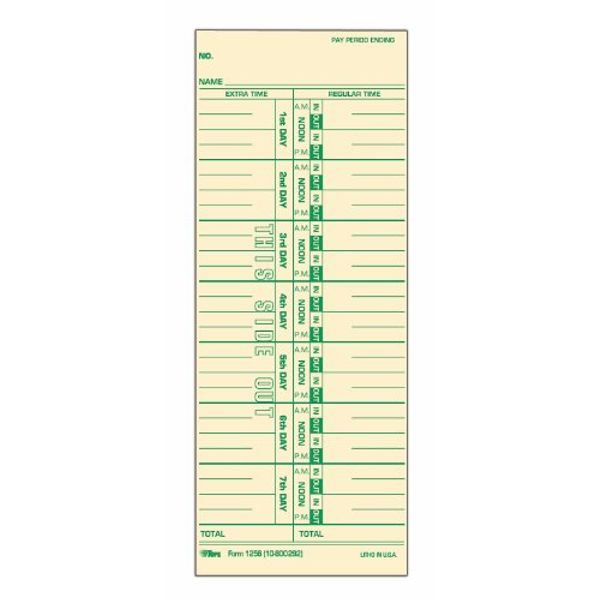 TOPS Time Cards, Weekly, 1-Sided, Numbered Days, 3-1/2" x 9", Manila, Green Print, 500-Count (1256)