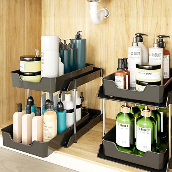 2 Pack Black under Sink Organizer, Multi-Purpose Kitchen and Bathroom Organizati