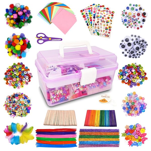 Irichna 3000+ Pcs Art and Craft Supplies for Kids, Toddler DIY Craft Art Supply Set Included Pom Poms, Pipe Cleaners, Feather, Folding Storage Box - All in One for DIY Craft Set (Purple)