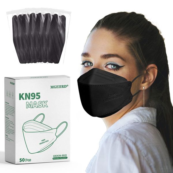 MGEIIRD KN95 Face Masks for Adults 50 Pcs, Individually Wrapped, 5-Ply Black Disposable Face Mask Against PM 2.5 Smoke & Dust, Filtration Efficiency 95%