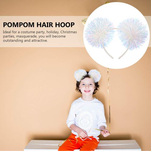 Beaupretty Tinsel Pom Pom Headband Pompom Hair Band for Girls Women Christmas Party Birthday Cosplay Hair Accessories White