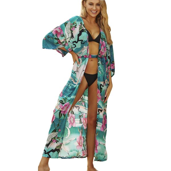 LikeJump Women's Long Floral Kimono Dressing Gown Beach Bikini Cover-Ups Maxi Dress Plus Size Summer Robe Green