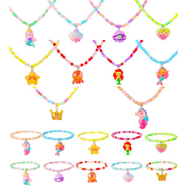 PinkSheep Jewelry Sets Beaded Necklace and Beads Bracelet for Kids 10 Sets Unicorn Mermaid Necklace and Beads Little Favors Bags for Girls Princess Dress Up Pretend Play