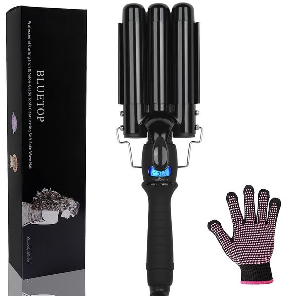Three Barrel Curling Iron Professional Hair Waver, Ceramic Hair Curler Adjustable Temp Triple Barrel Crimper Hair Tool with LCD Display, Hair Iron Dual Voltage Wave Wand Fast Heating Iron Wavy Hair