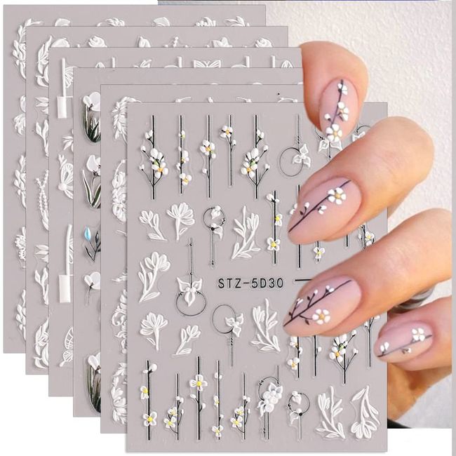 5D Embossed Flowers Nail Stickers for Acrylic Nails, 6 Sheets Engraved Flower Nail Decals Spring Summer Nail Art Accessories French Tips Nail Designs Adhesive Flower Butterfly Nail Stickers for Women