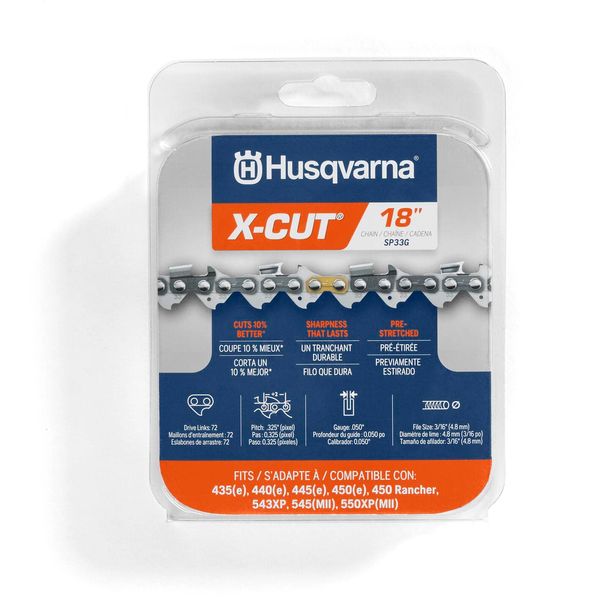 Husqvarna X-Cut SP33G 18 Inch Chainsaw Chain, 325" Pitch, 050" Gauge, 72 Drive Links, Highly Durable, Pre-Stretched Chainsaw Blade Replacement with Superior Lubrication and Low Kickback, Gray