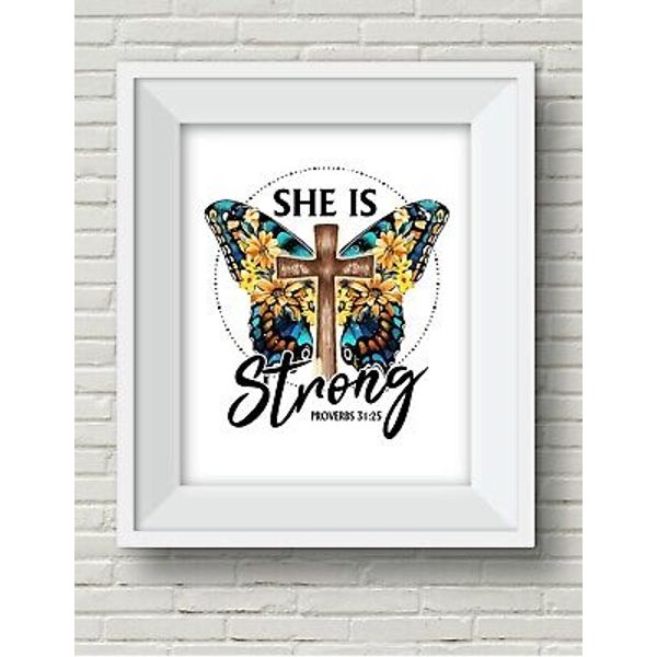 She is Strong Butterfly Cross UNFRAMED Suicide Awareness Wall Art Print Proverbs