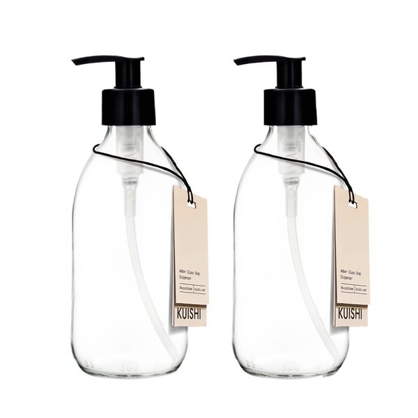 Kuishi Clear Glass Soap Dispenser with Pump [300ml Pack of 2], Clear Soap Dispenser with Black Plastic Pump (BPA-Free), Glass Shampoo Bottles Ideal for Handwash, Conditioner, Shower Gel