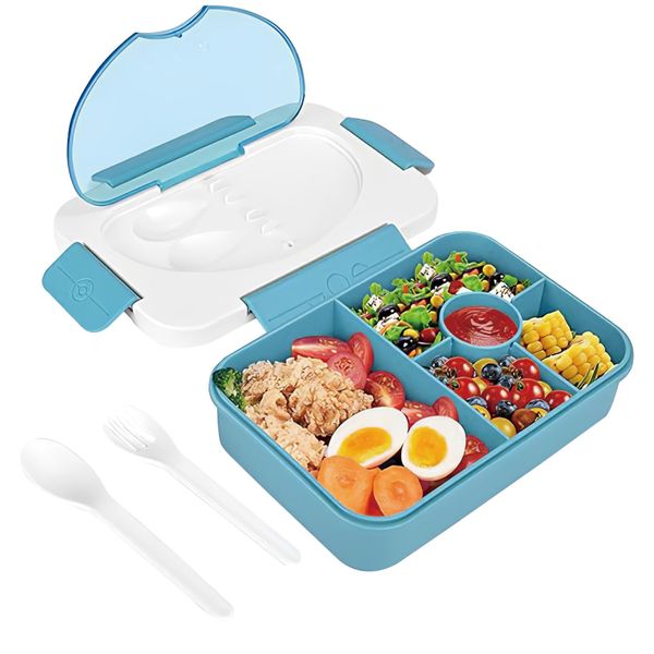 Duffy® Lunch Box for Kids, 1350ml Bento Lunch Box with 5 Compartments Cutlery,Leak Proof Lunchbox Snack Boxes for Kids Adult,Including a Spoon Fork and Salad Dressing Container (Blue)