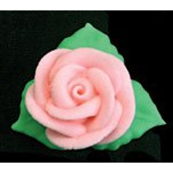 Item#38769 - Pink Rose W/3 Leaves Royal Icing Cake/Cupcake Decorations 12 Ct