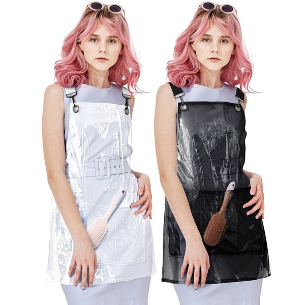 Mepase 2 Pieces Waterproof Apron Transparent Apron with Pockets Hair Stylist Apron with Adjustable Straps Clear Hairdresser Smock for Women Hairstylist Salon Housewife Chef Barber Nail Keeping Clean