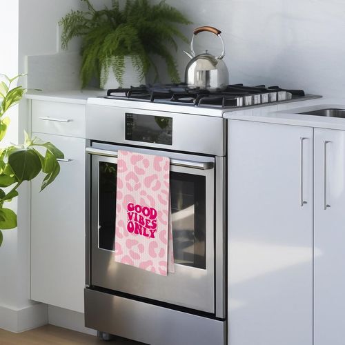 Geqtt Pink Kitchen Hand Towels - Pink Leopard Print Kitchen Towels, Decorative Good Vibes Only Hand Towels for Bathroom, Retro Groovy Bathroom Decor