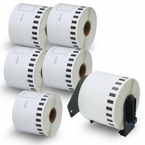 BETCKEY - 6 Rolls DK-22205 Continuous Length Paper Labels Compatible with Brother, 62mm(W) x 30.48m(L), 6 Labels Using for Brother QL Label Printers (1 Reusable Label Holder)