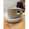 Ceramic Chubby Fat Handle Mug with Saucer - White Speckled