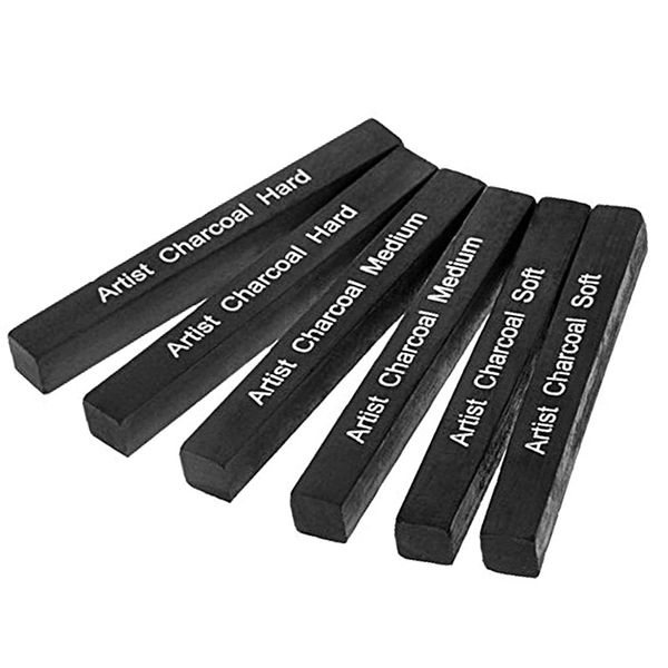 iEasey Square Black Art Charcoal Stick Compressed Charcoal Block Drawing Assorted Artist Sketch Charcoal for Drawing Sketching Shading, Pack of 6 Soft Medium Hard Charcoal Stick