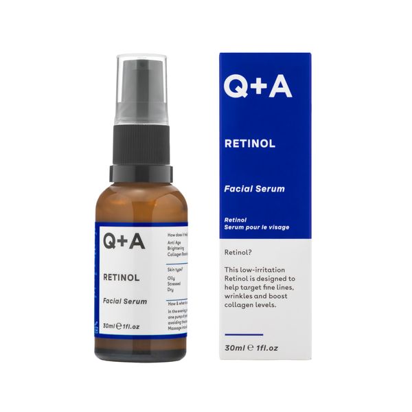 Q+A Retinol Facial Serum, with Bisabobol and Squalane to sooth the skin whilst delivering youth-boosting benefits, targets fine lines, renews uneven skin tone, and leaves skin feeling smooth, 30ml