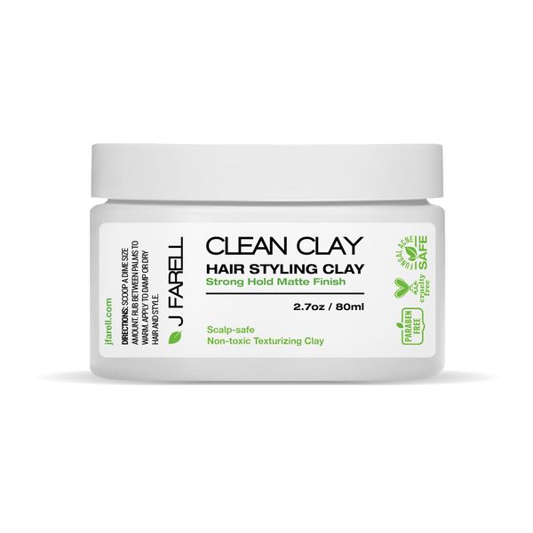 J FARELL Clean Clay - Organic Hair Styling Clay, Fungal Acne Safe Seborrheic Dermatitis Safe, All Natural Hair Clay Pomade, Strong Hold Matte Finish (2.7 oz), Black