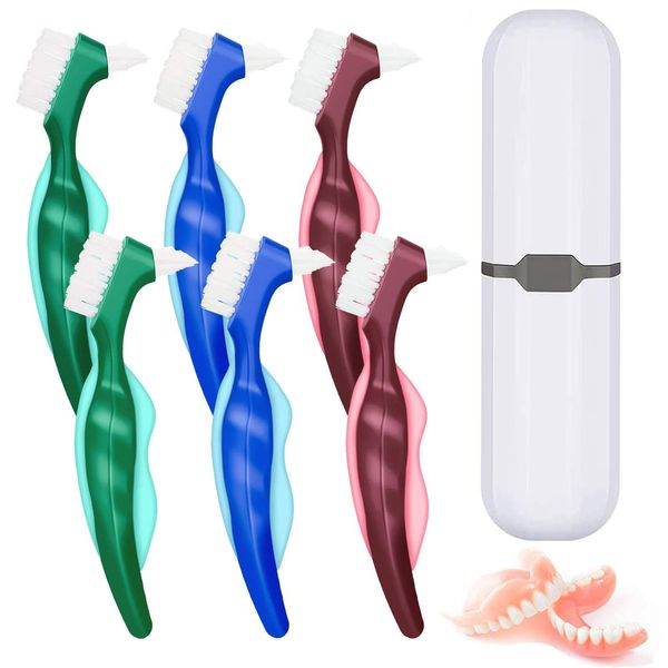 Pack of 6 Hard Denture Brush, Pack of 6 Brush for Prostheses Denture Toothbrush Double-Sided Toothbrush Portable Ergonomic Toothbrush, with White Carry Case for Cleaning False Teeth, 3 Assorted Colour