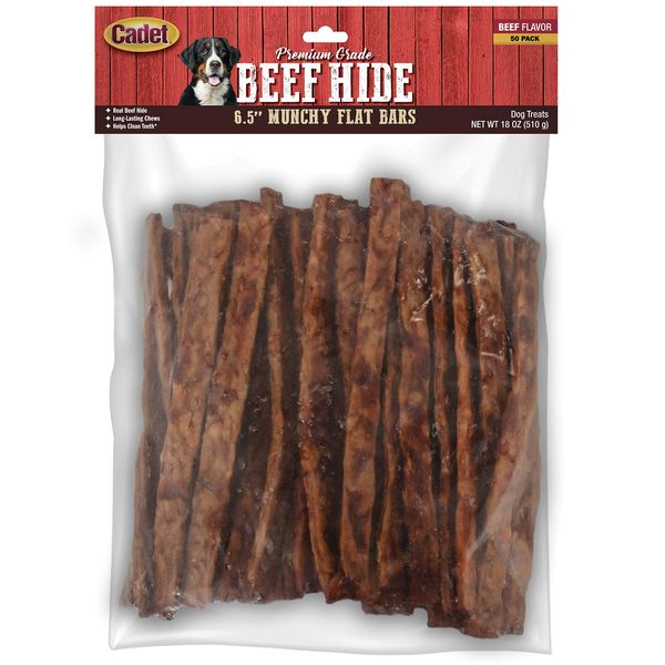 Cadet Premium Grade Beef Hide for Dogs, Long Lasting Rawhide Munchy Flat Bars, Single Ingredient Dog Chews, 6.5 Inch (50 Count)