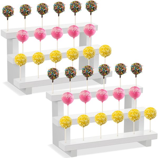 2 Pack Wood Cake Pop Stands Sucker Display 3 Tier Lollipop Holders with 100 Treats Bags 100 Lollipop Sticks 100 Gold Twist Ties for Dessert Table of Wedding Baby Shower Birthday Party (Wood)