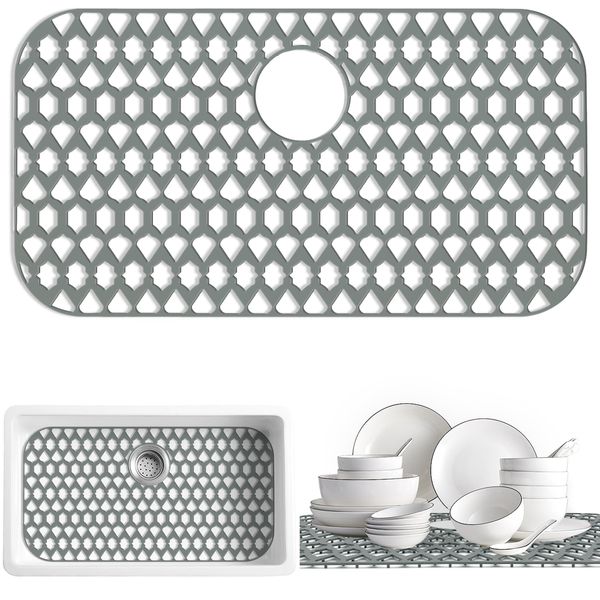 SAMSIER Sink Protectors for Kitchen Sink 13x11&16x12&19x14&21x16&22x13&24x13&26x14&28x14&30x16, Large Silicone Sink Mats Grid for Bottom of Farmhouse Stainless Steel Sink (30”x16”, Rear Drain)