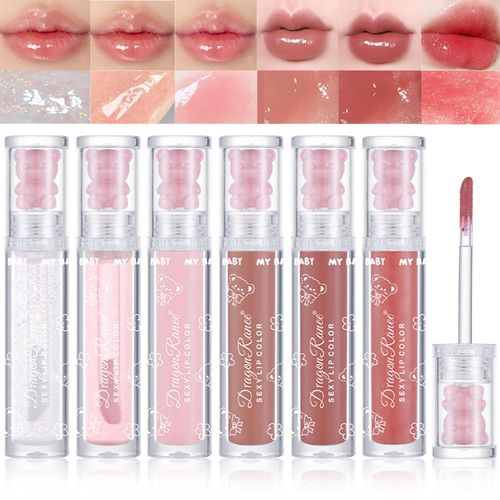 YIBABY 6 Colours Bear Clear Shiny Glitter Lip Gloss Set, Transparent Jelly Texture Plumping Moisturising Glossy Liquid Lip Gloss with Shimmer Waterproof Long Lasting & Non-Stick Vegan Makeup