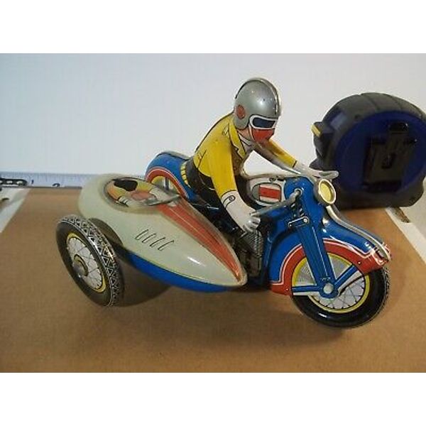 Vintage Wind-Up Tin Toy Motorcycle Sidecar and Key, missing rider head Japan