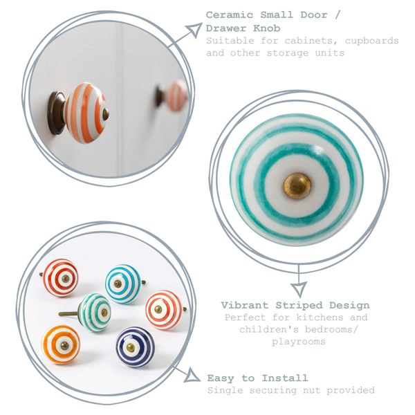 Nicola Spring Ceramic Cupboard Drawer Handle Knob - Stripe Design - Light Blue