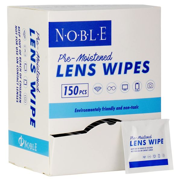 Noble Pre-moistened Lens Wipes Individually Wrapped - Lens and Screen Cleaning Wipes - Great for Eyeglasses, Cell Phones, Camera Lenses, Screens, Keyboards, and Other Delicate Surfaces (150 Wipes)