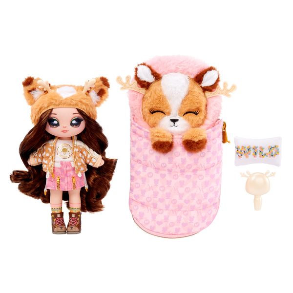Surprise Camping Series - MYRA WOODS - Deer Inspired Soft Plush Fashion Doll with Brown Hair & Cosy Animal Sleeping Bag - Includes Outfit, Pillow, & Brush - Collectable - For Kids Ages 5+, 28 CM