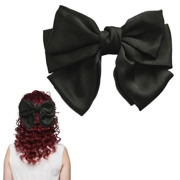 scicent Hair Clips Black Hair Bow Fashion Bow Hair Grips for Women Girls Soft Plain Satin Silky Bow Hair Clip Big Hair Bowknots for Wedding Solid Color Hair Barrette Clips for Party - 28105