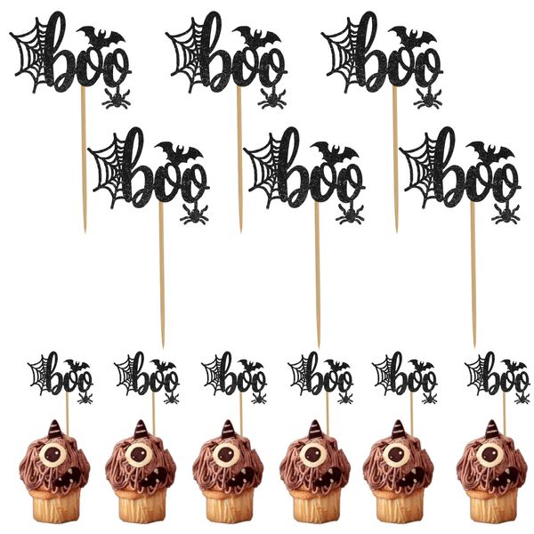 Halloween Cupcake Toppers, Halloween Cake Decorations, Black Glitter Boo Spider Cupcake Toppers, Halloween Cupcake Decorations, 24 PCS Halloween Cake Topper for Halloween Theme Birthday Party Supplies