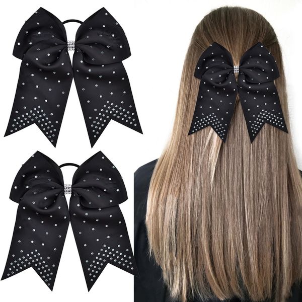 2 PCS 8" Large Rhinestones Cheer Hair bows, Cheerleading Bow with Ponytail Holders Elastic Hair Band for Cheerleaders Teen Girls Sports(Black)