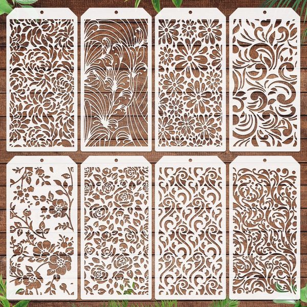 JSRQT 8Pcs Flowers Decorative Stencils, Floral Lace Layering Stencil Template for Painting, DIY Vine Leaf Painting Templates for Canvas Arts Journaling Scrapbooking Card Making 4.7 x 9.45”