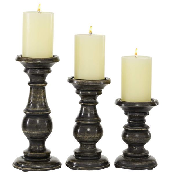 Deco 79 Mango Wood Solid Candle Holder with Distressed Finish, Set of 3 6", 8", 10"H, Black