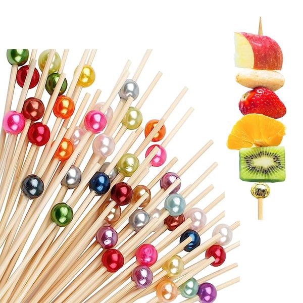 NUDFSY Cocktail Sticks 100 Counts Wooden Toothpicks Party Supplies Frill Finger Food Fruits Sandwich Nibbles for Cocktails Appetizers Fruits Desserts Party Supplies - Sliver Pearls,Ten Colors