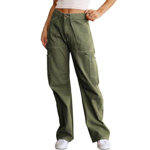 Dokotoo Cargo Pants Women High Waisted Baggy Wide Leg Dress Pants Women Womens TrousersPants Straight Leg Jeans for Women Trendy Baggy Y2K Trousers with Pockets Green