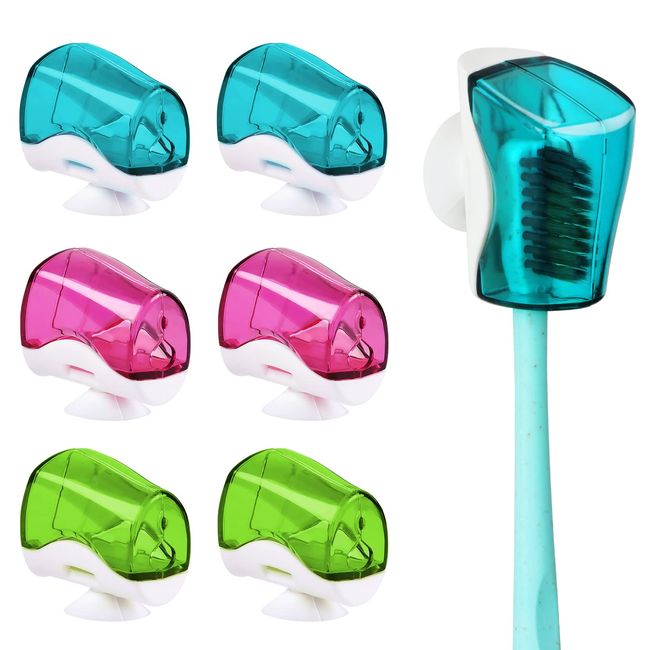 6 Pack Travel Toothbrush Head Covers with Suction Cup Electric and Manual Toothbrush Cover Clip Portable Plastic Toothbrush Protector Cap Brush Pod Case for Traveling, Camping, Bathroom, Home, School