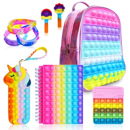 Pop Fidget Backpack for Girls, Pop it Bags&pop it Notebook and Unicorn Pencil Case for Kids' Fidget School Supplies Stress Relief, Great Birthday Present Gift for Kids