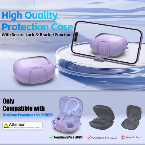 Protective Cover for Beats Powerbeats Pro 2 Case with Secure Lock & Phone Stand, Shockpoof Protection Clear Case Compatible with Beats Powerbeats Pro2 Earbuds with Cleaner Kit & Keychain (Purple)
