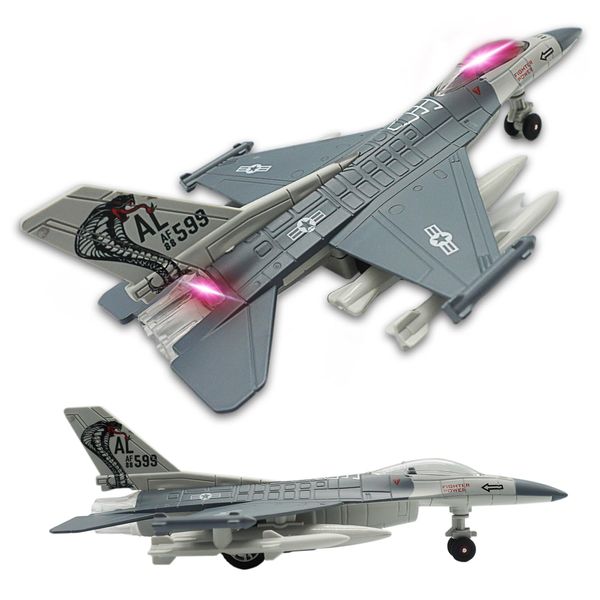 OTONOPI Fighter Jet Military Airplane Toy Army Air Force Die Cast Aircraft F-16 Model Plane for Kids Gift Toy Collection with Lights and Sounds Bump and Go Action